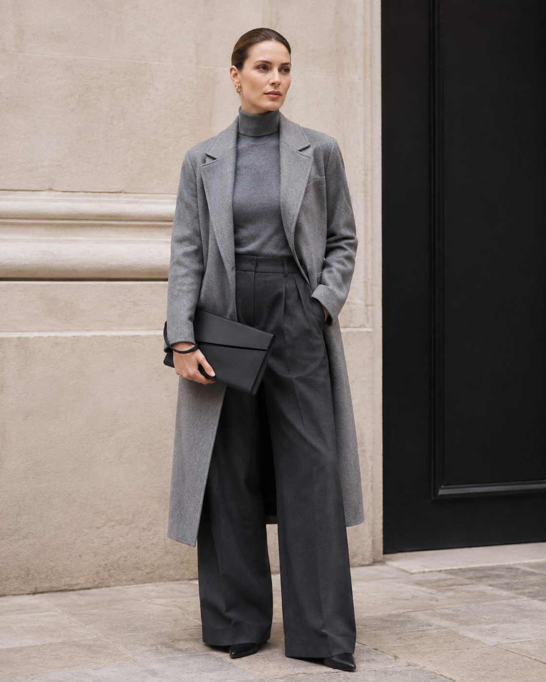 Woman in tailored neutrals carries the graphite MUYLOTTA ML-MN03 evening clutch as a clutch by a limestone wall.