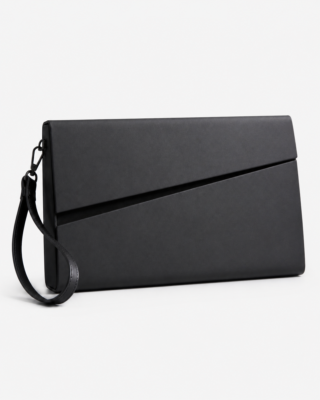 MUYLOTTA ML-MN03 graphite evening clutch, three-quarter view, with a diagonal dark slit and wrist strap.