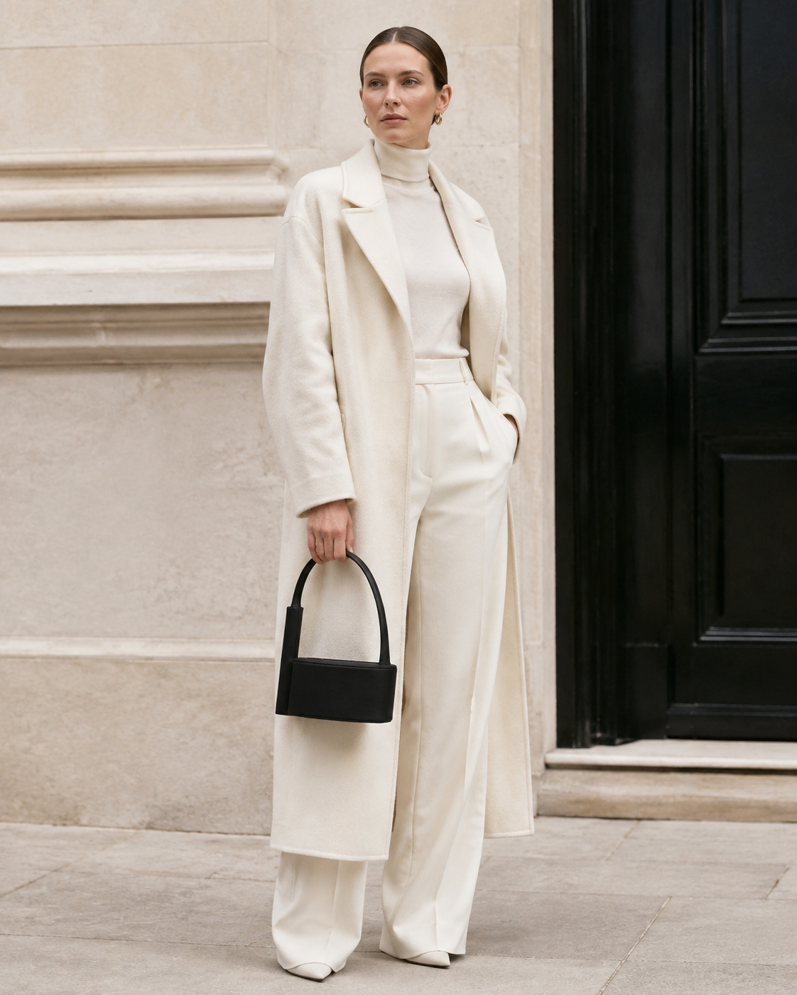 Woman in tailored neutrals carries the black MUYLOTTA ML-MN04 mini top-handle bag by its top handle by a limestone wall.