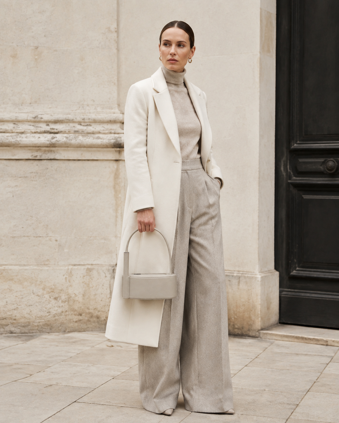 Woman in tailored neutrals carries the bone gray MUYLOTTA ML-MN04 mini top-handle bag by its top handle by a limestone wall.