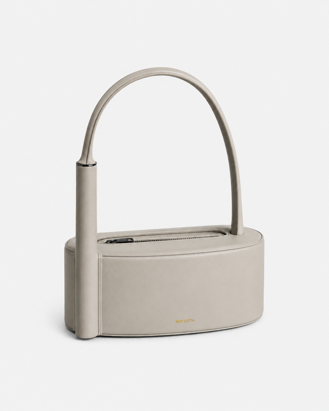 MUYLOTTA ML-MN04 bone gray mini top-handle bag, three-quarter view, with an offset side column and arched top handle.