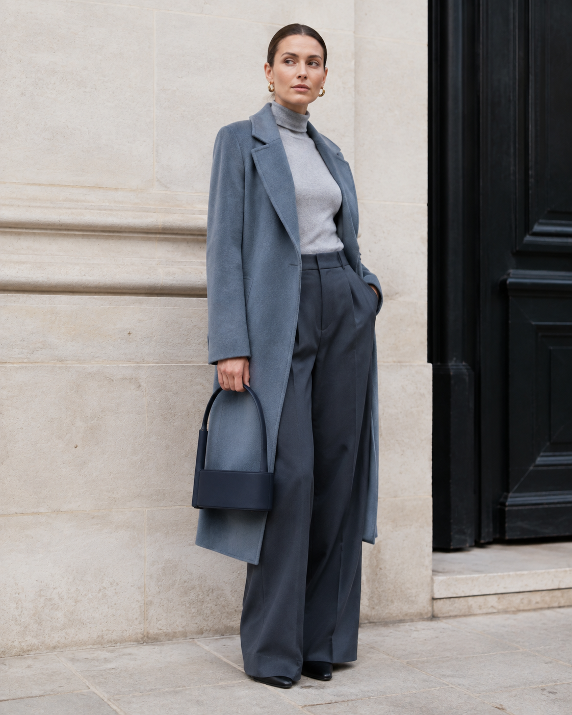 Woman in tailored neutrals carries the ink navy MUYLOTTA ML-MN04 mini top-handle bag by its top handle by a limestone wall.