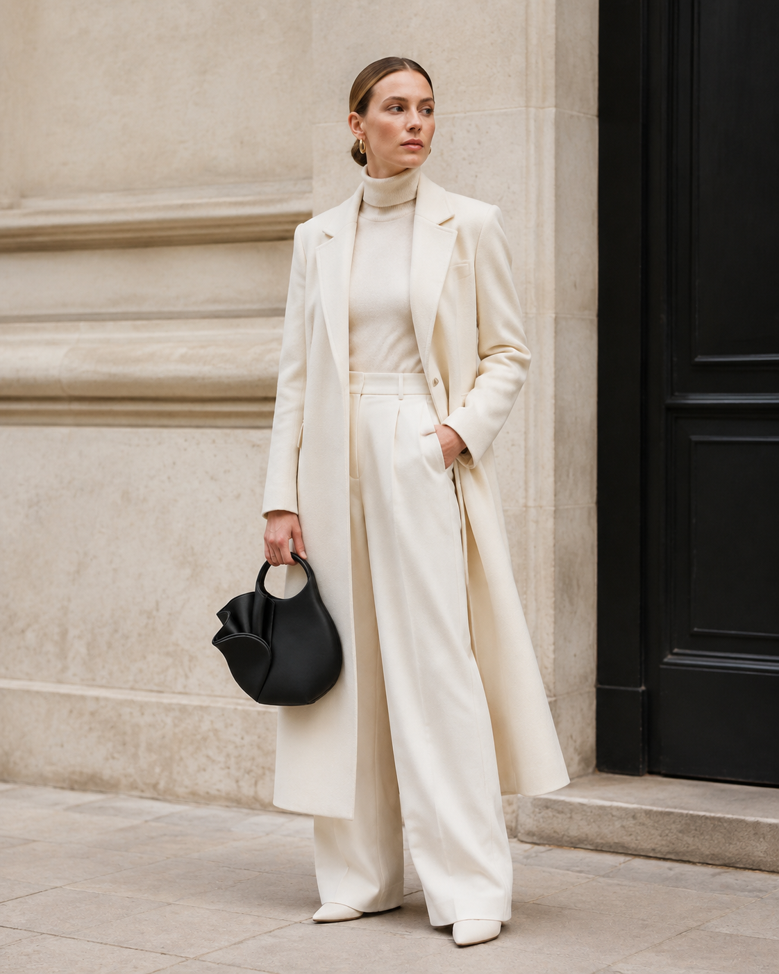 Woman in tailored neutrals carries the black MUYLOTTA ML-MN05 sculptural mini bag by its ring handle by a limestone wall.