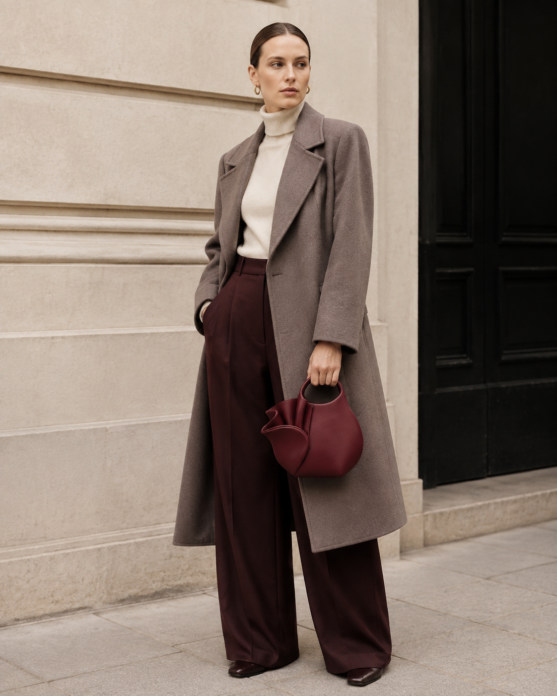 Woman in tailored neutrals carries the burgundy MUYLOTTA ML-MN05 sculptural mini bag by its ring handle by a limestone wall.