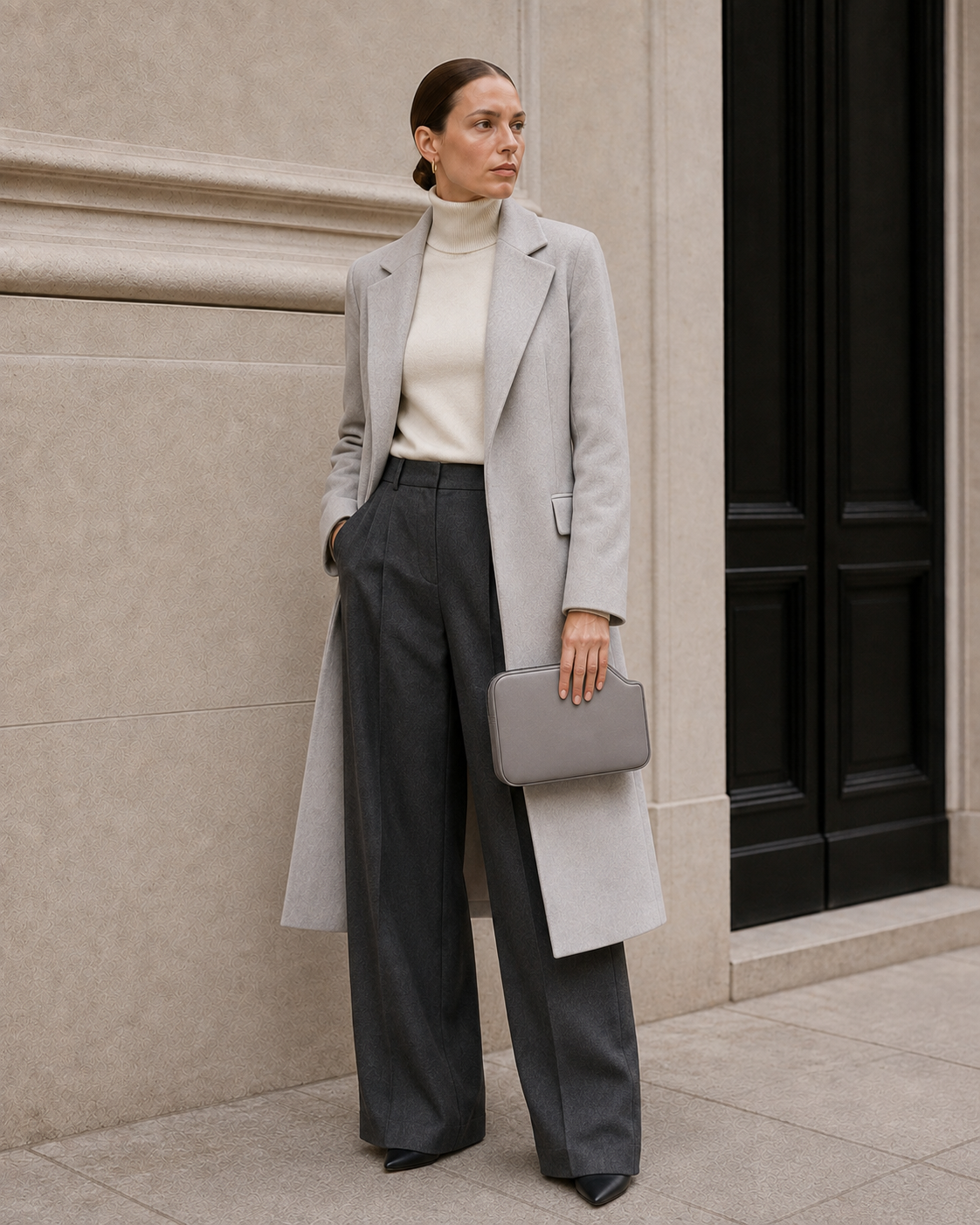 Model carries the bone gray MUYLOTTA ML-MN06 mini evening bag.
