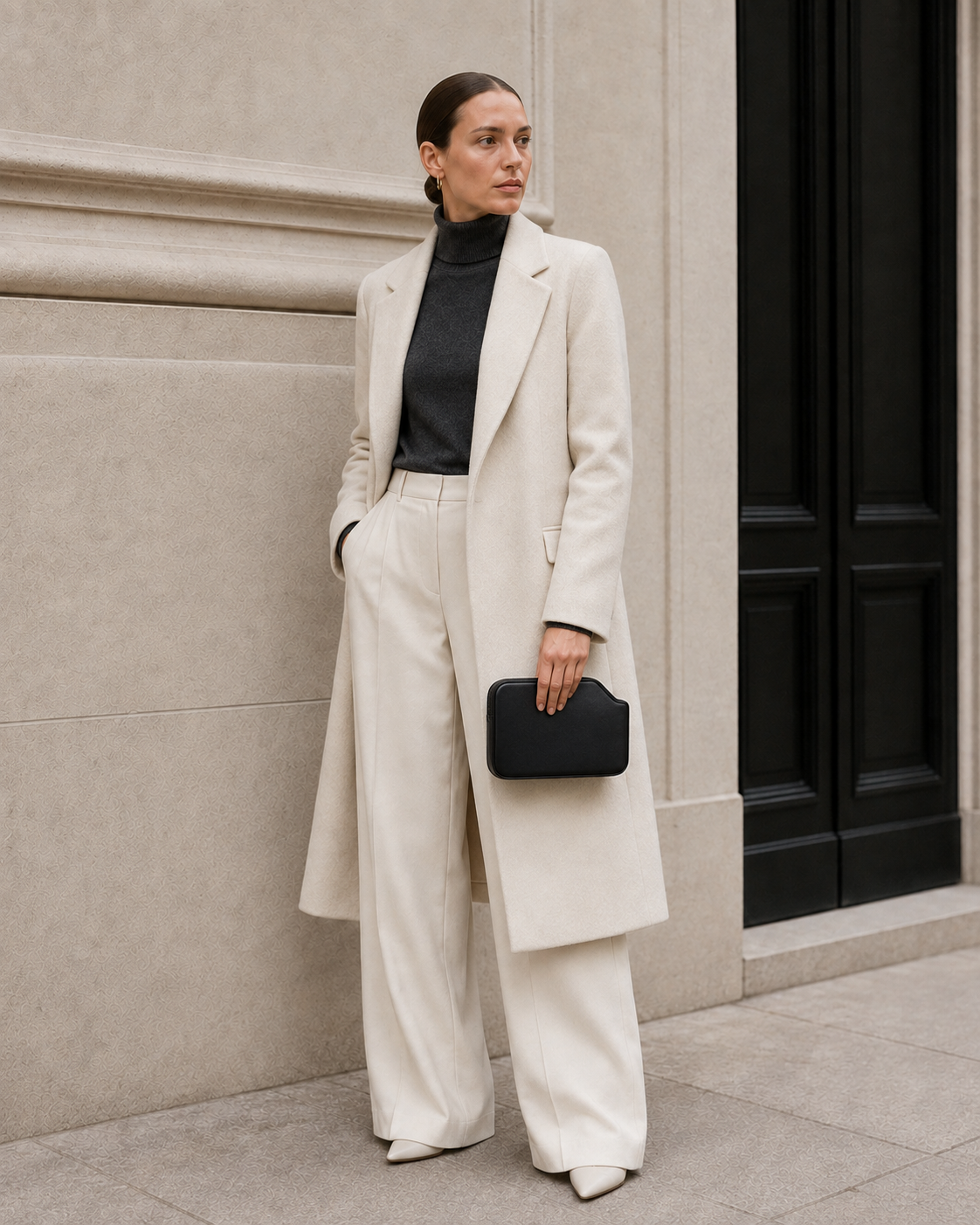 Model carries the deep black MUYLOTTA ML-MN06 mini evening bag.