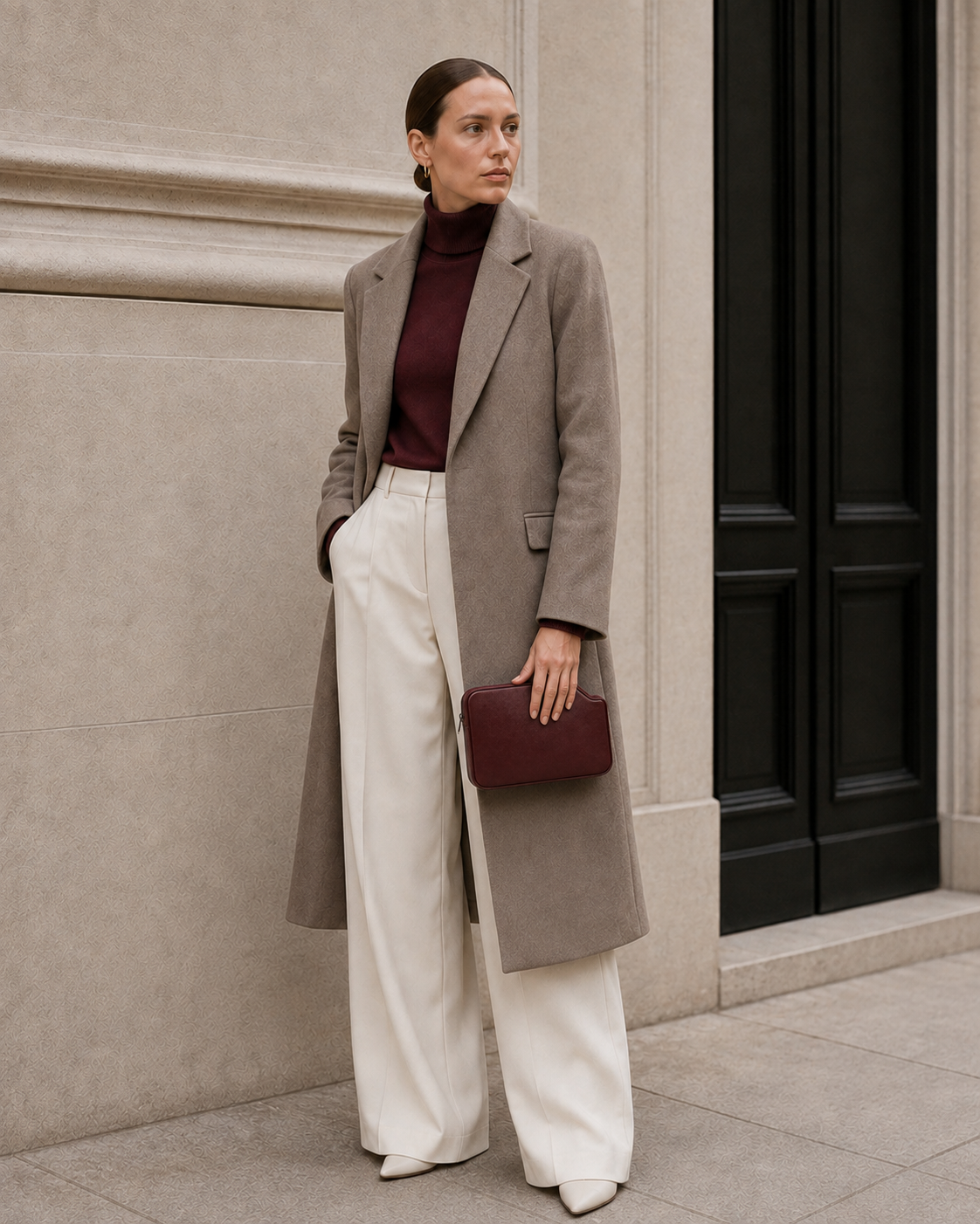 Model carries the oxblood MUYLOTTA ML-MN06 mini evening bag.