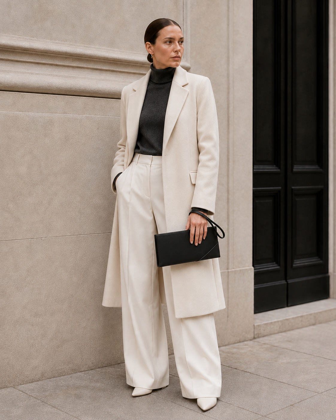 Model carries the black MUYLOTTA ML-MN07 mini evening bag.