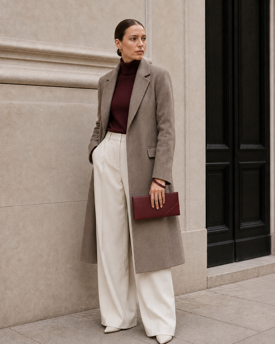 Model carries the deep berry MUYLOTTA ML-MN07 mini evening bag.