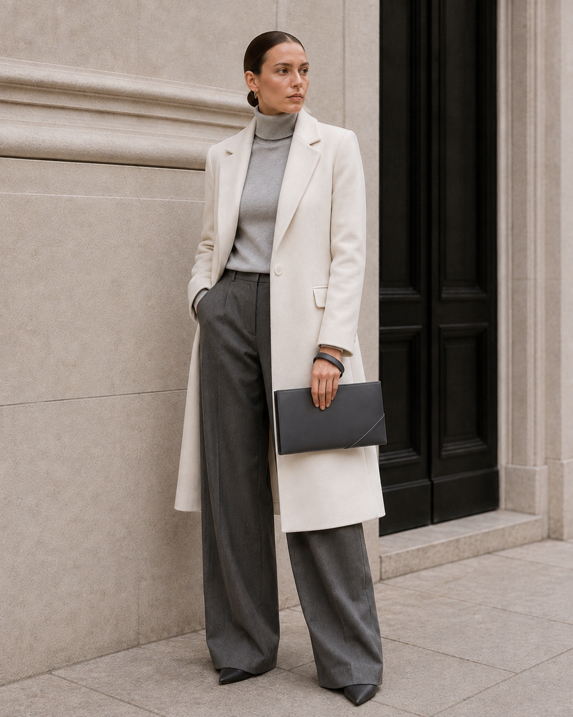 Model carries the graphite MUYLOTTA ML-MN07 mini evening bag.