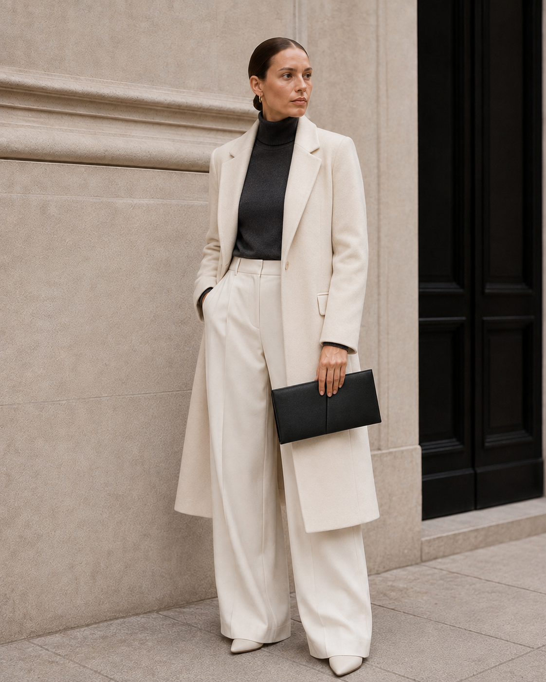 Model carries the black MUYLOTTA ML-MN09 mini evening bag.