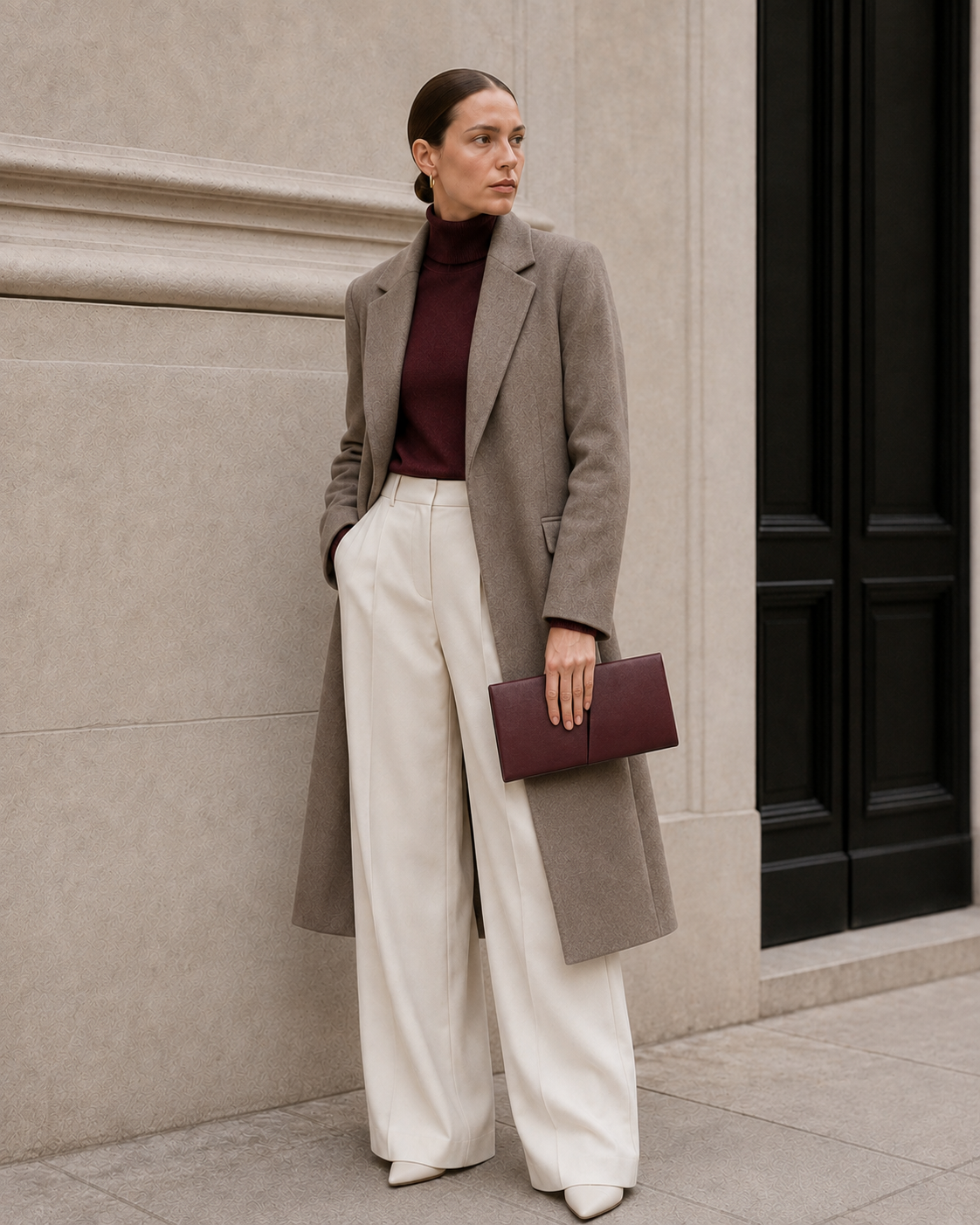 Model carries the deep burgundy MUYLOTTA ML-MN09 mini evening bag.