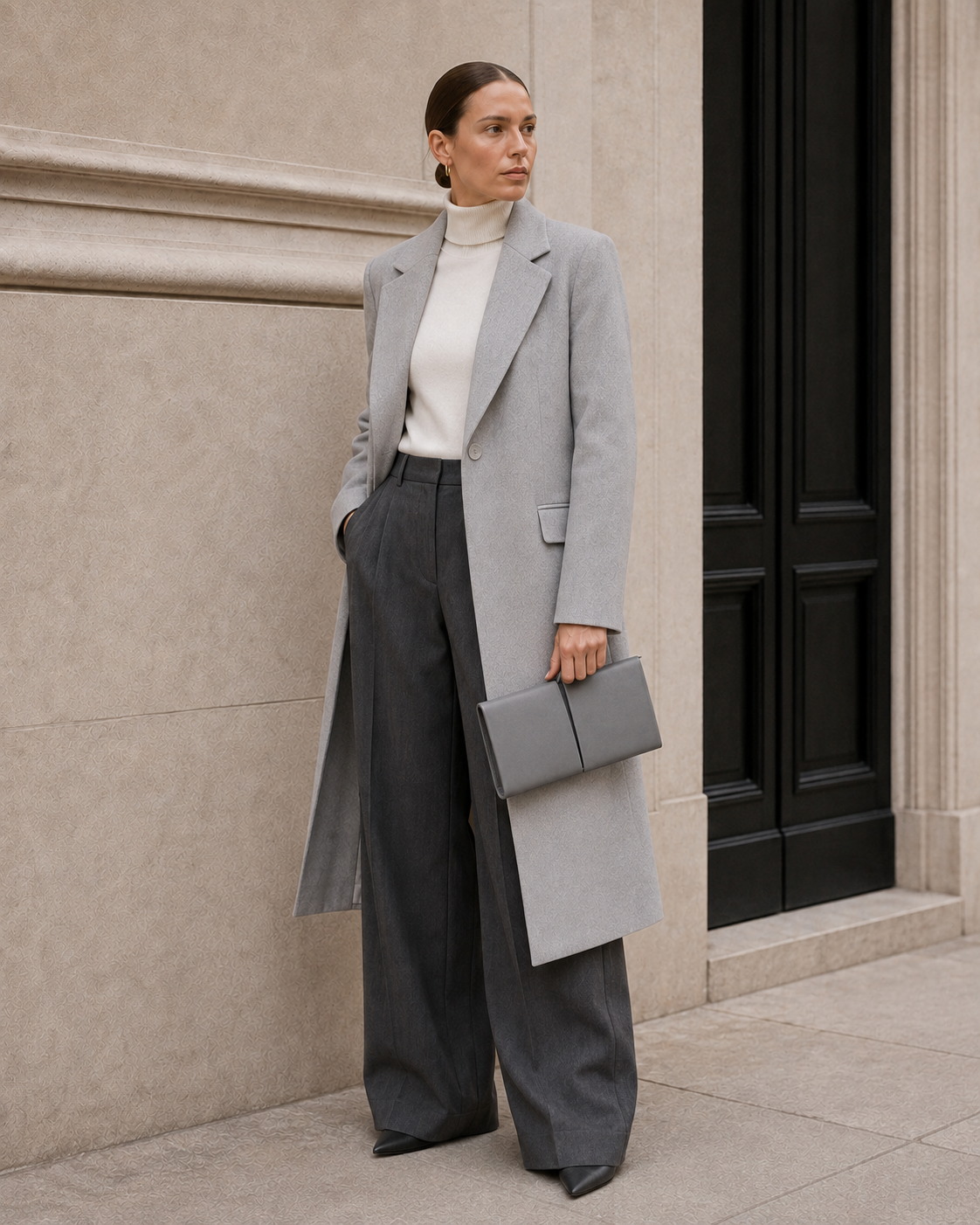 Model carries the mineral gray MUYLOTTA ML-MN09 mini evening bag.