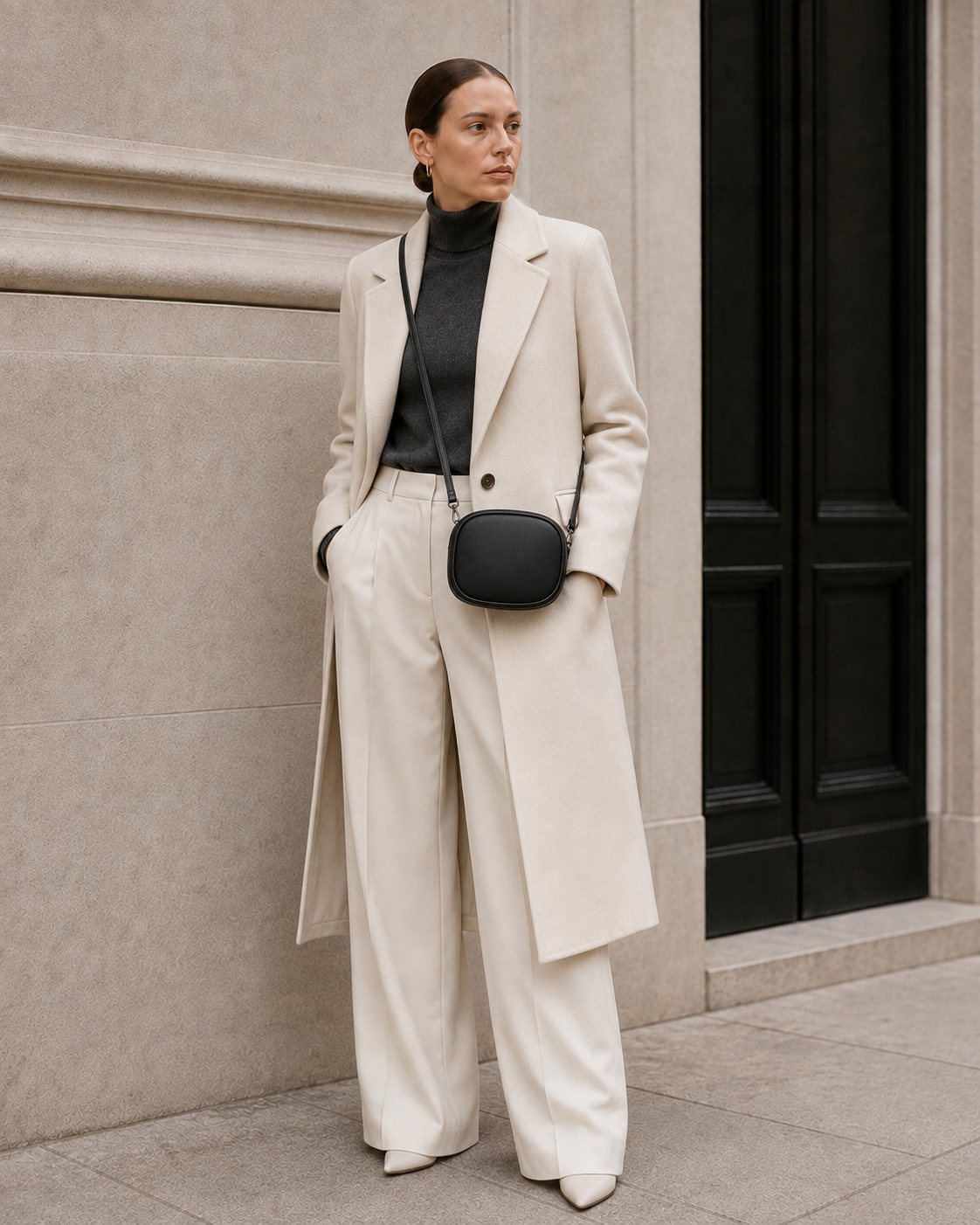 Model carries the black MUYLOTTA ML-MN10 mini evening bag.