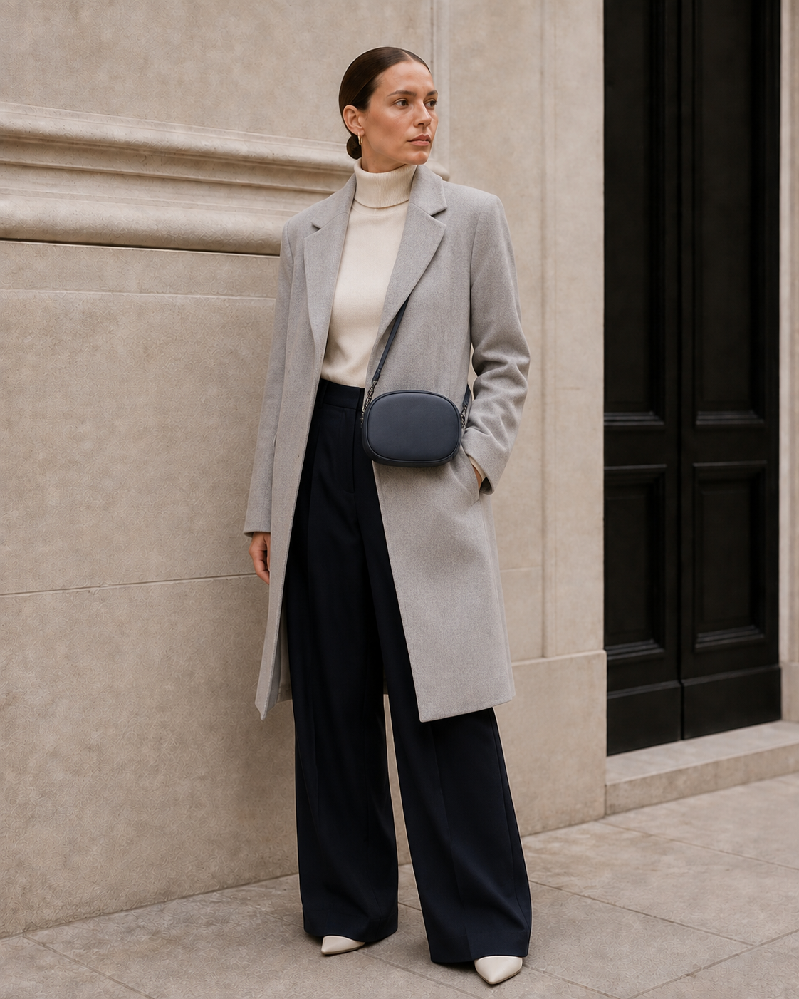 Model carries the blue black MUYLOTTA ML-MN10 mini evening bag.