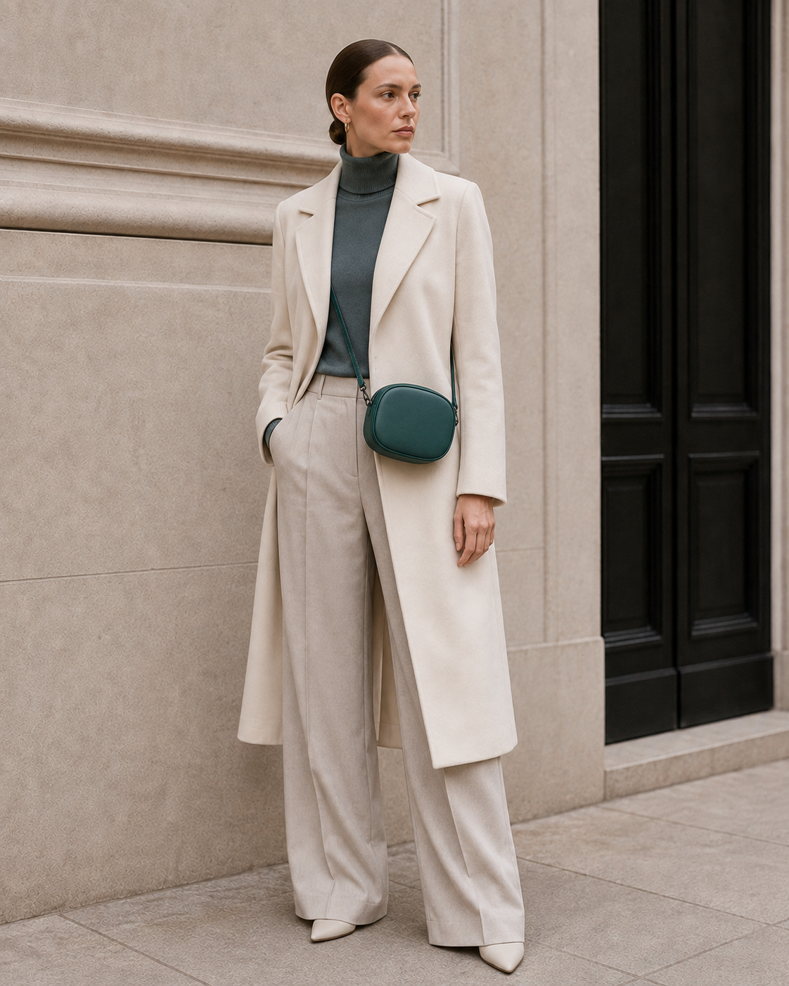 Model carries the deep teal MUYLOTTA ML-MN10 mini evening bag.