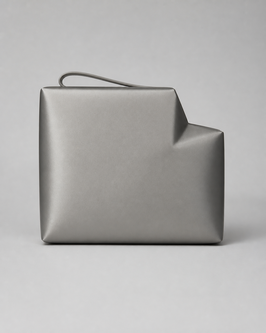MUYLOTTA ML-MN15 silver-grey fold box clutch, front view with one shallow recessed upper-right corner