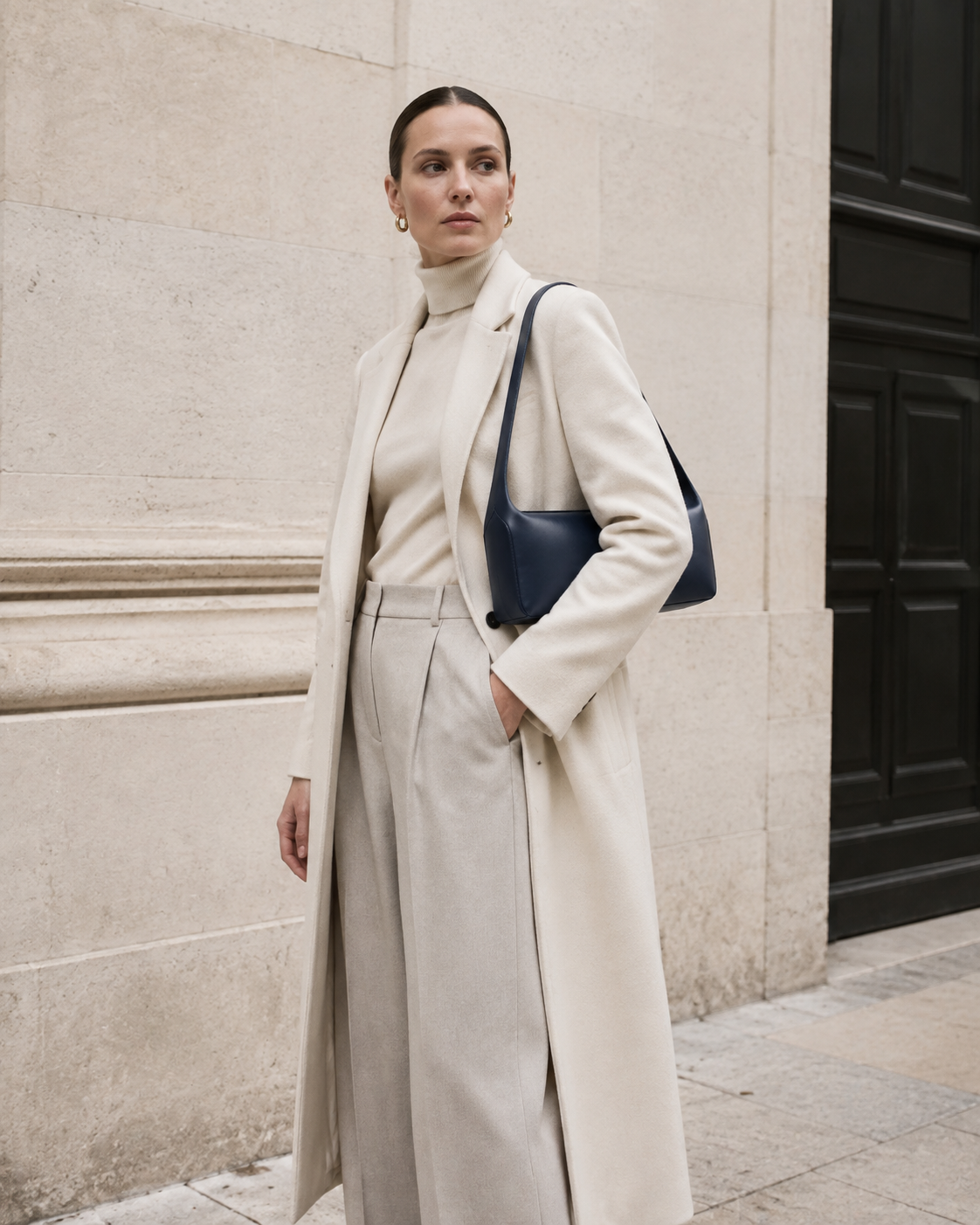 MUY LOTTA Concealed-Seam Shoulder Bag in Midnight Navy worn by model #MidnightNavy
