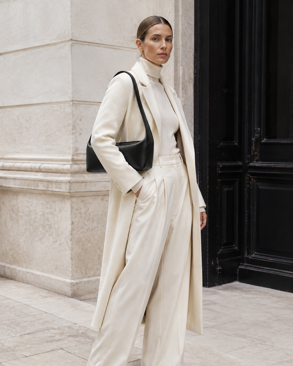 MUY LOTTA Concealed-Seam Shoulder Bag in Black worn by model #Black