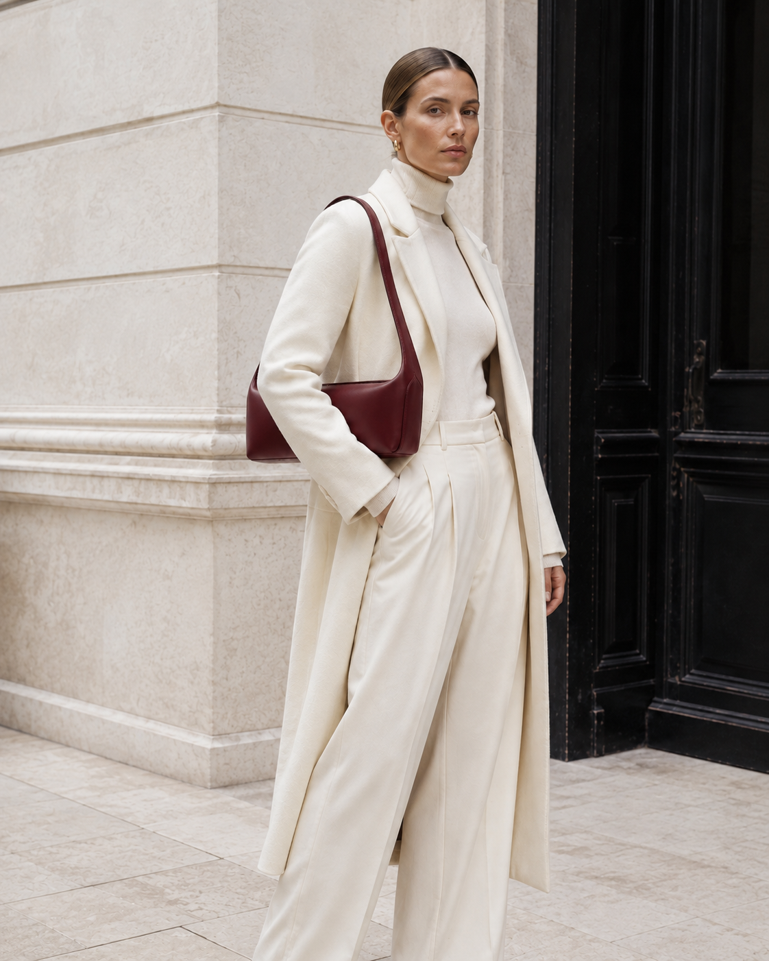 MUY LOTTA Concealed-Seam Shoulder Bag in Oxblood worn by model #Oxblood