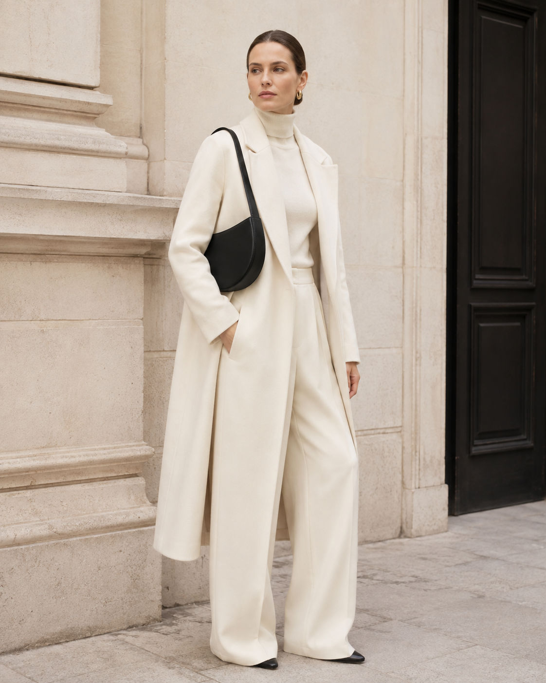 Woman in tailored neutrals carries the black MUYLOTTA ML-SH02 crescent shoulder bag under her arm by a limestone wall.