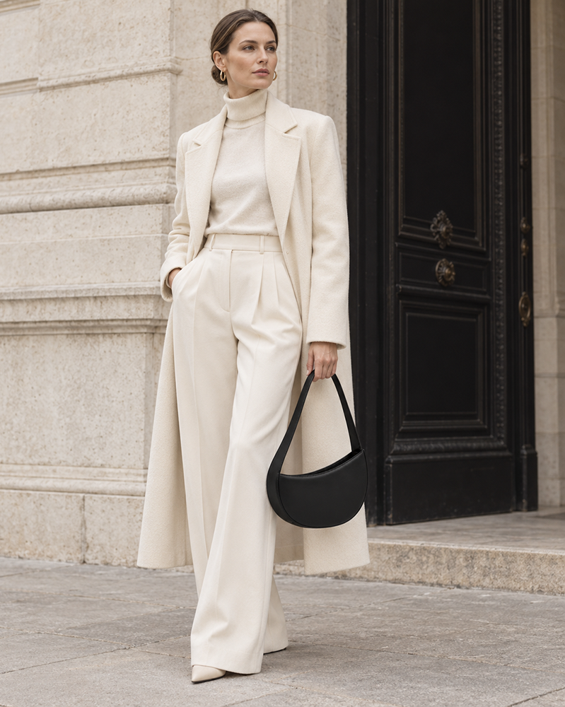 Woman carries the black MUYLOTTA ML-SH02 crescent shoulder bag in a second underarm styling view.