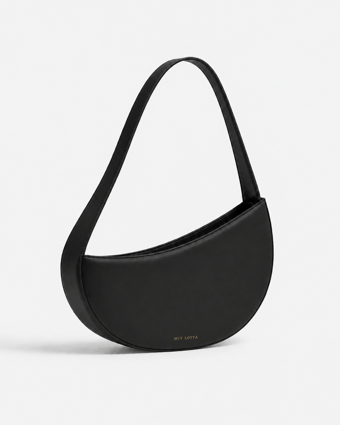 MUYLOTTA ML-SH02 black crescent shoulder bag, three-quarter view, with offset crescent curves and a continuous strap.