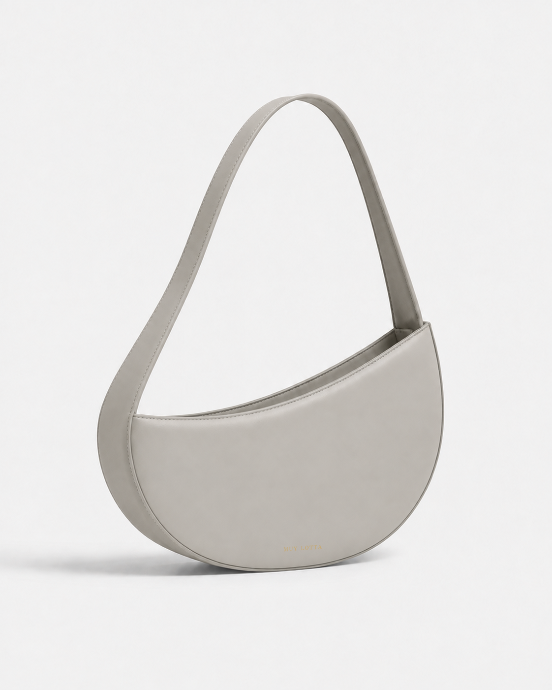 MUYLOTTA ML-SH02 bone gray crescent shoulder bag, three-quarter view, with offset crescent curves and a continuous strap.
