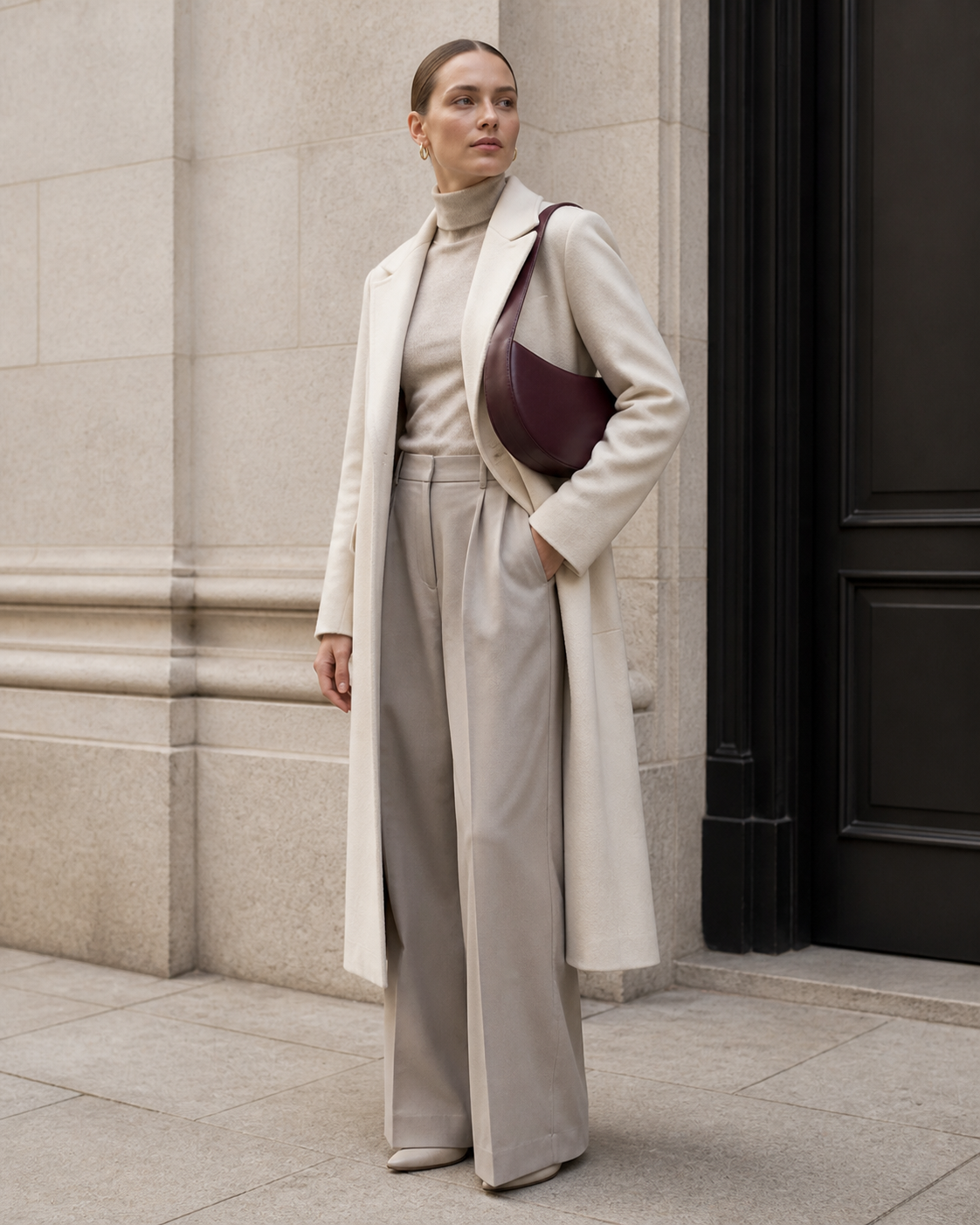 Woman in tailored neutrals carries the deep plum MUYLOTTA ML-SH02 crescent shoulder bag under her arm by a limestone wall.