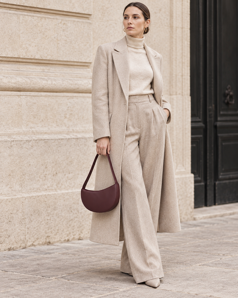 Woman carries the deep plum MUYLOTTA ML-SH02 crescent shoulder bag in a second underarm styling view.
