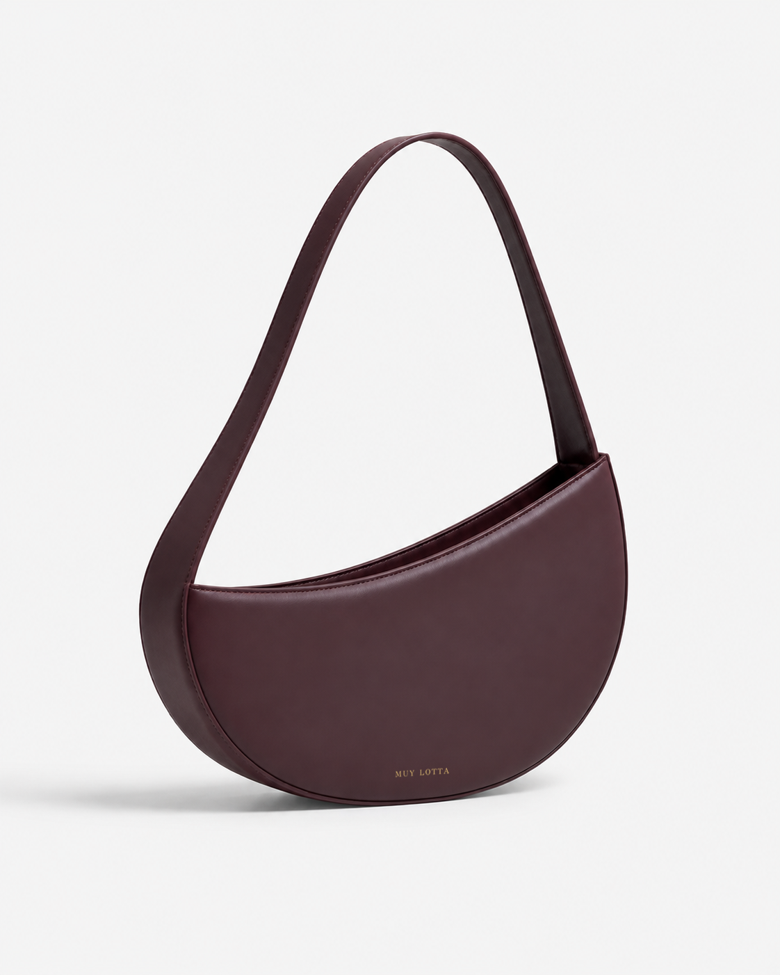 MUYLOTTA ML-SH02 deep plum crescent shoulder bag, three-quarter view, with offset crescent curves and a continuous strap.
