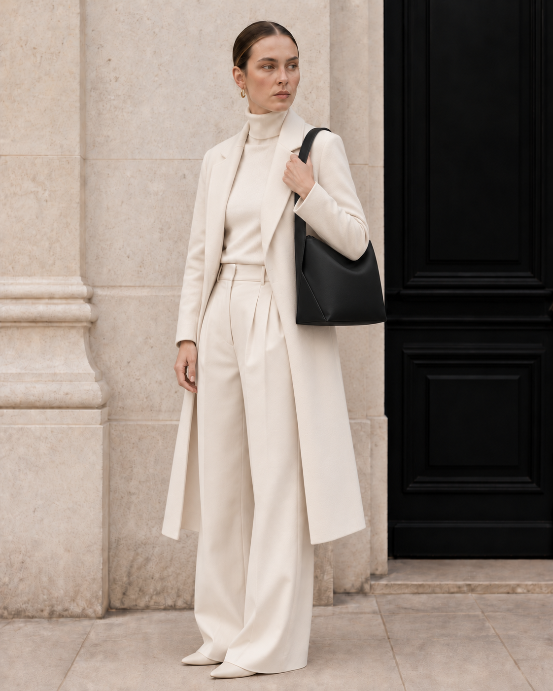 Woman in tailored neutrals carries the black MUYLOTTA ML-SH04 soft shoulder bag on her shoulder by a limestone wall.