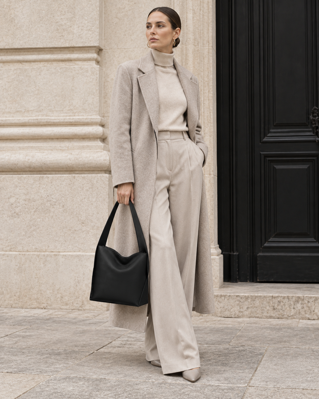 Woman carries the black MUYLOTTA ML-SH04 soft shoulder bag in a second shoulder styling view.