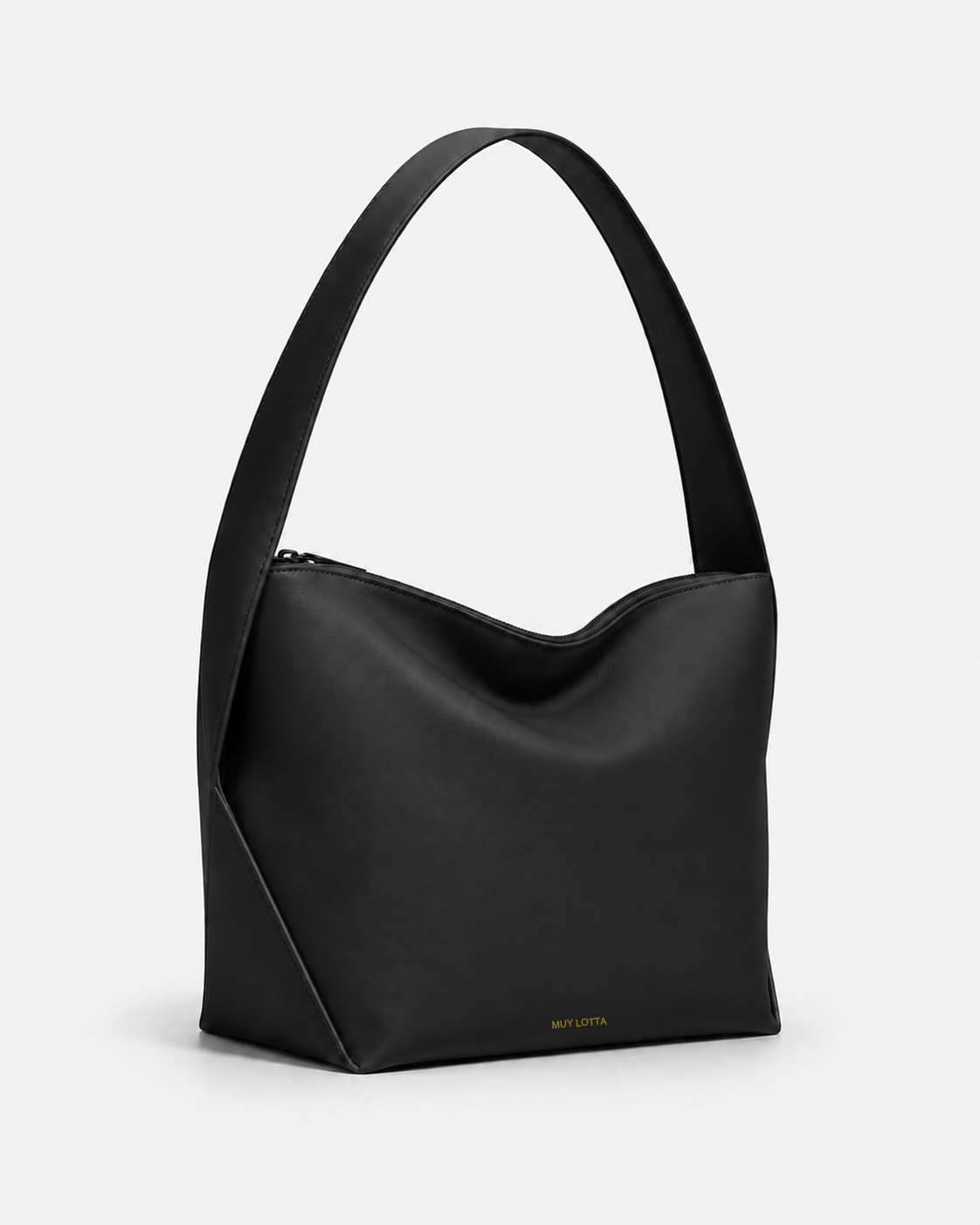 MUYLOTTA ML-SH04 black soft shoulder bag, three-quarter view, with a draped body and one sharp side facet.