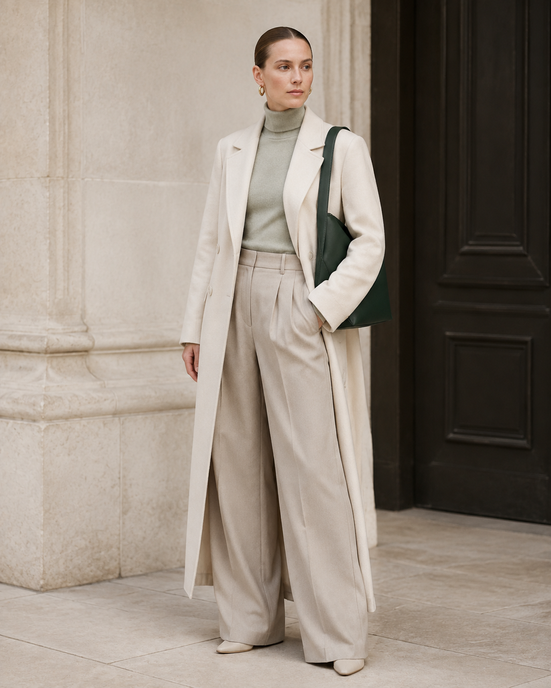 Woman in tailored neutrals carries the deep green MUYLOTTA ML-SH04 soft shoulder bag on her shoulder by a limestone wall.