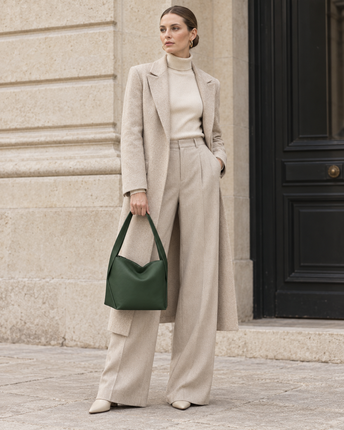 Woman carries the deep green MUYLOTTA ML-SH04 soft shoulder bag in a second shoulder styling view.
