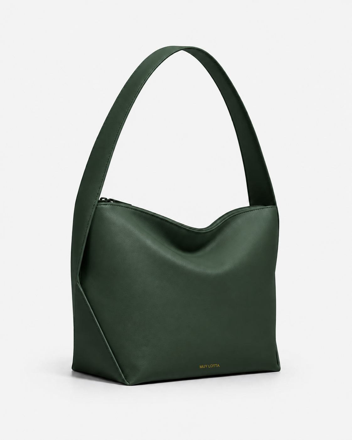 MUYLOTTA ML-SH04 deep green soft shoulder bag, three-quarter view, with a draped body and one sharp side facet.