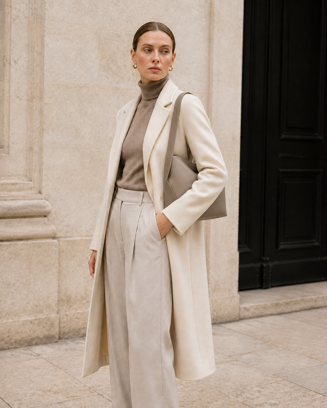 Woman in ivory and taupe tailoring carries a taupe MUYLOTTA ML-SH04 under her arm on a short broad shoulder strap.
