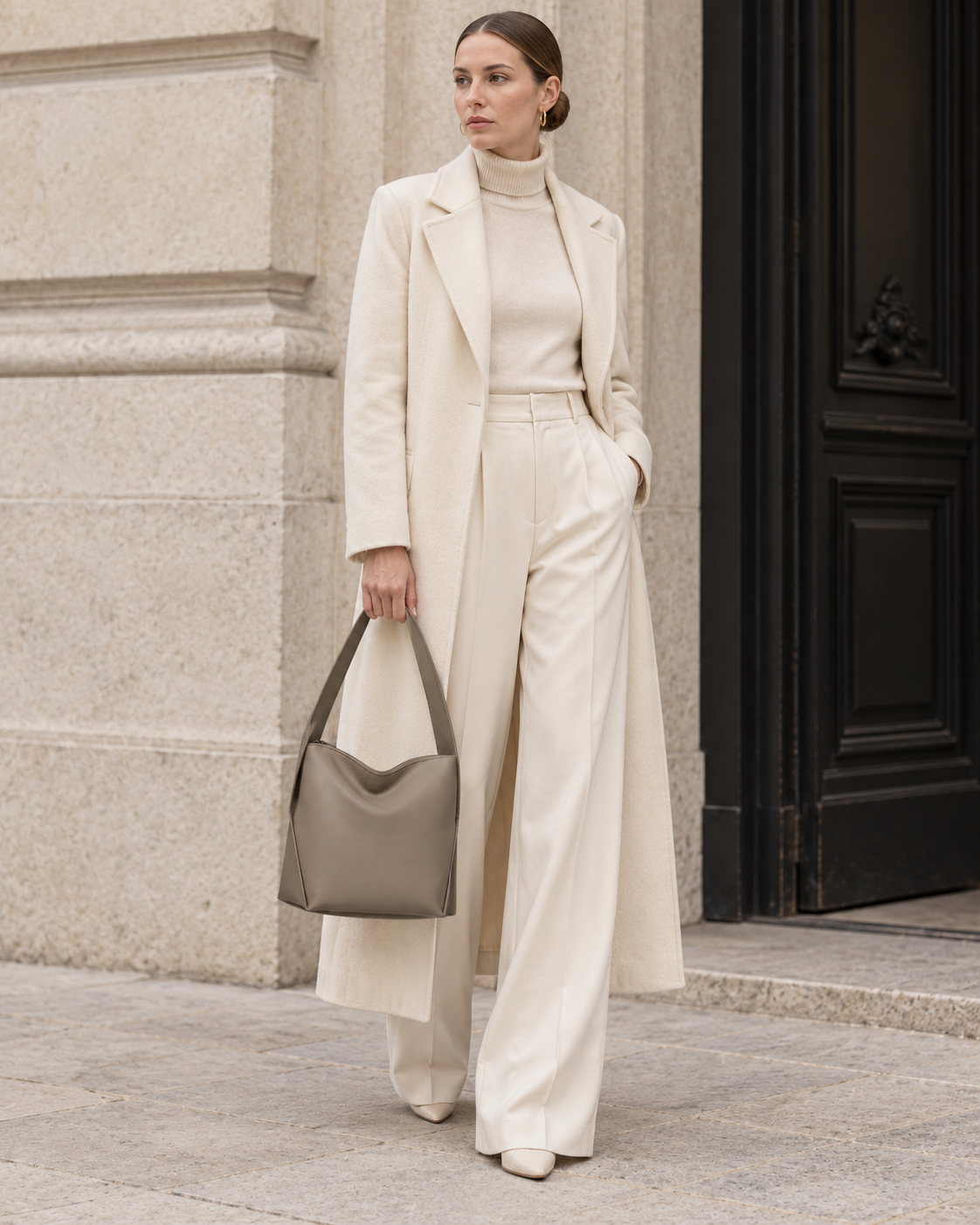 Woman carries the taupe MUYLOTTA ML-SH04 soft shoulder bag in a second underarm styling view.