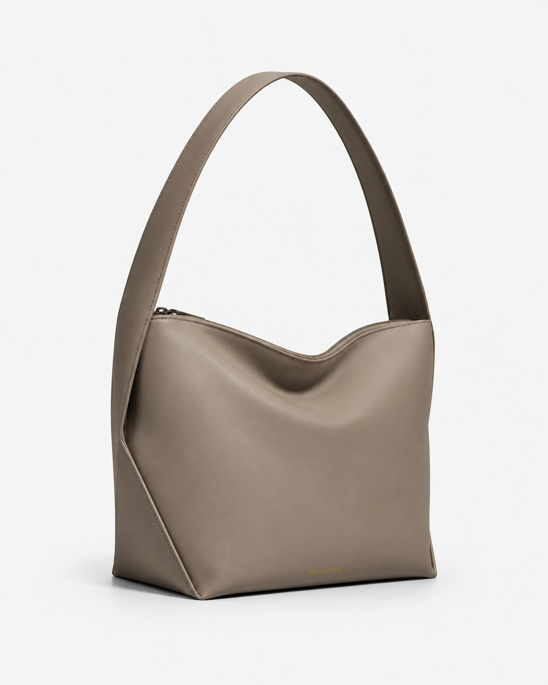 MUYLOTTA ML-SH04 taupe soft shoulder bag, three-quarter view, with a draped body and one sharp side facet.