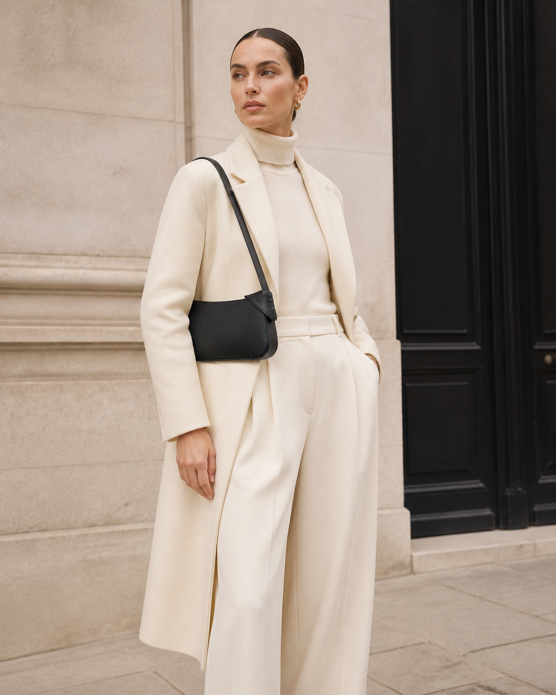 Woman in tailored neutrals carries the black MUYLOTTA ML-SH05 shoulder bag on her shoulder by a limestone wall.