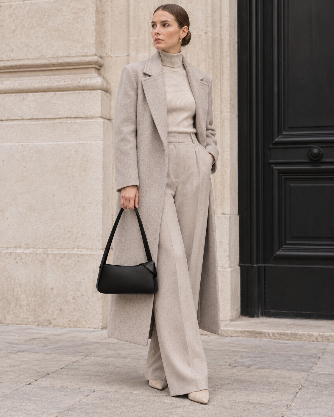 Woman carries the black MUYLOTTA ML-SH05 shoulder bag in a second shoulder styling view.
