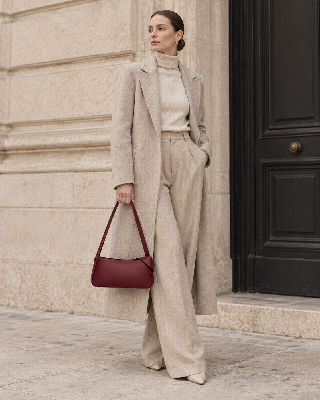 Woman carries the burgundy MUYLOTTA ML-SH05 shoulder bag in a second shoulder styling view.
