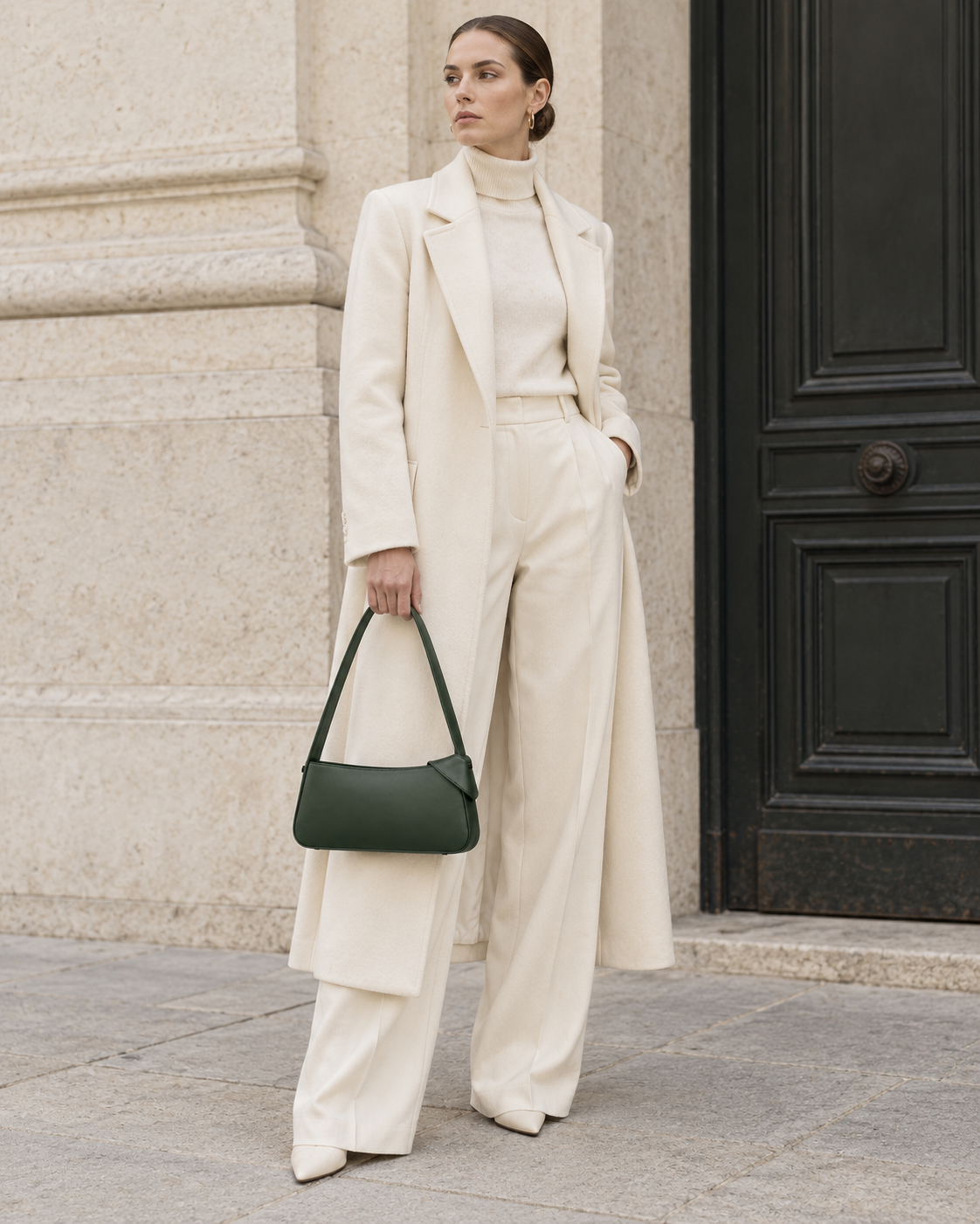 Woman carries the deep green MUYLOTTA ML-SH05 shoulder bag in a second shoulder styling view.