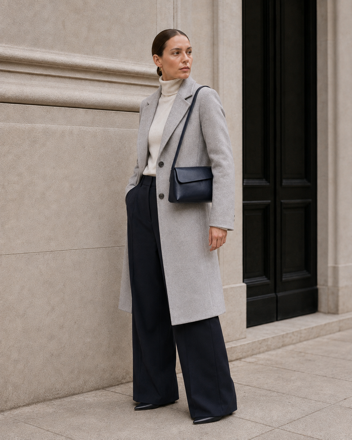 Woman in coordinated tailoring shoulder-carries the blue-black MUYLOTTA ML-SH06 shoulder bag by a pale limestone wall.