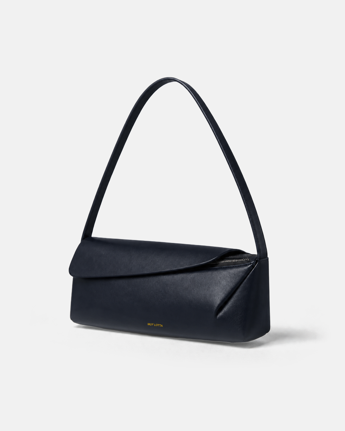 MUYLOTTA ML-SH06 blue-black shoulder bag, three-quarter view with a low body and right-offset overlapping top shell.