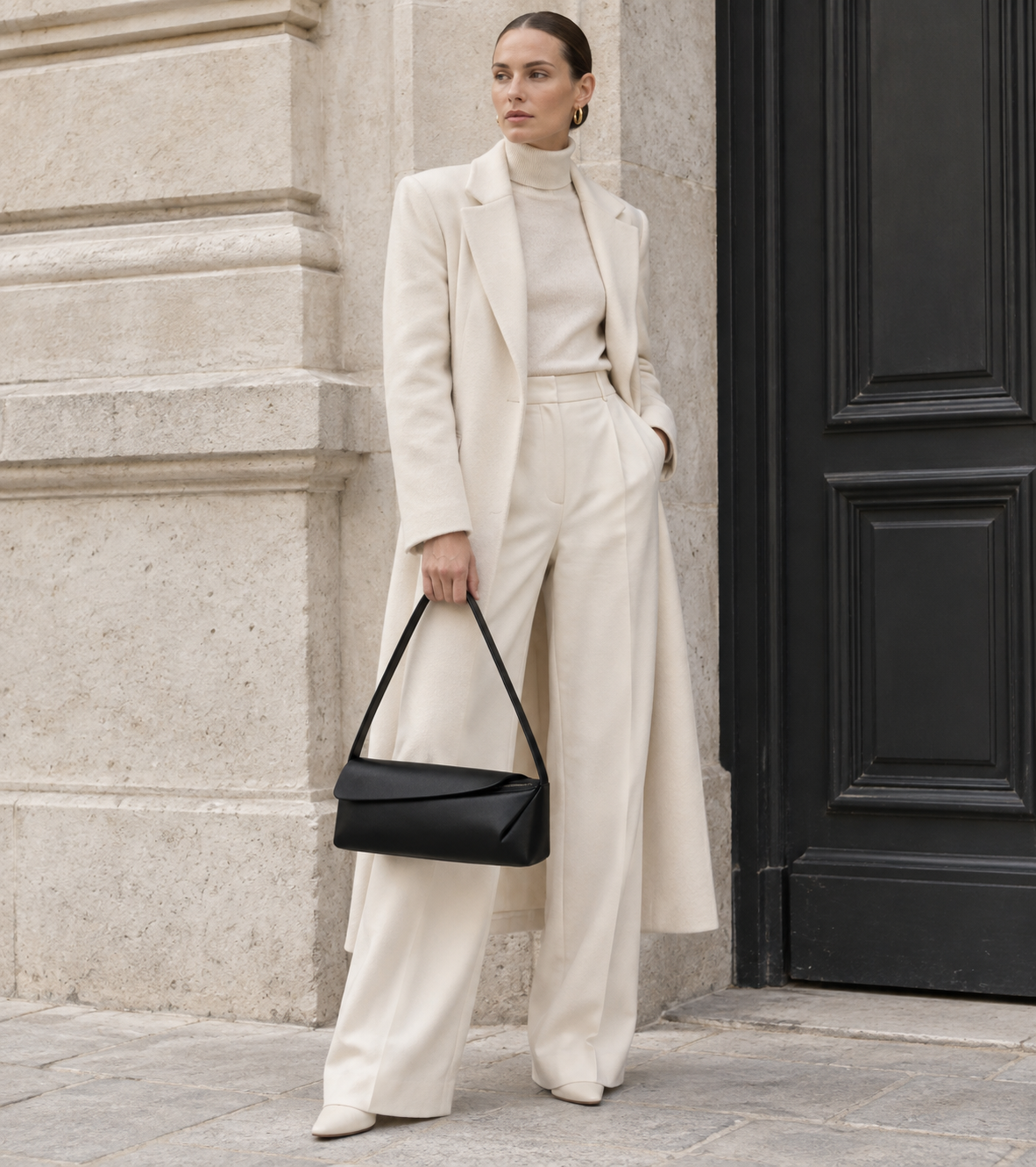 Woman in coordinated tailoring shoulder-carries the deep black MUYLOTTA ML-SH06 shoulder bag by a pale limestone wall.