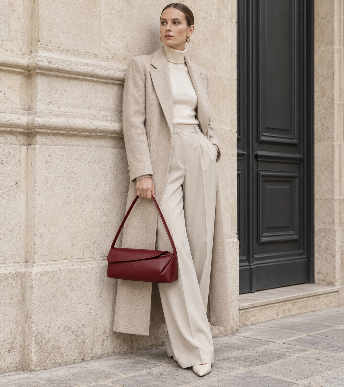 Woman in coordinated tailoring shoulder-carries the oxidized red MUYLOTTA ML-SH06 shoulder bag by a pale limestone wall.