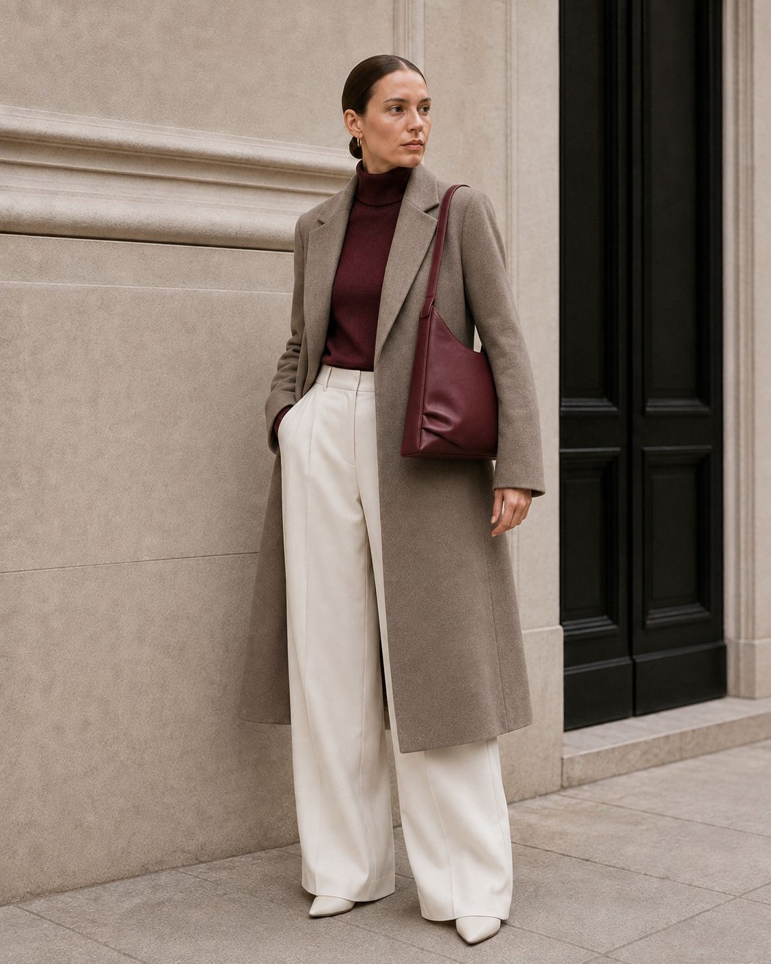 Model carries the deep berry MUYLOTTA ML-SH07 shoulder bag.