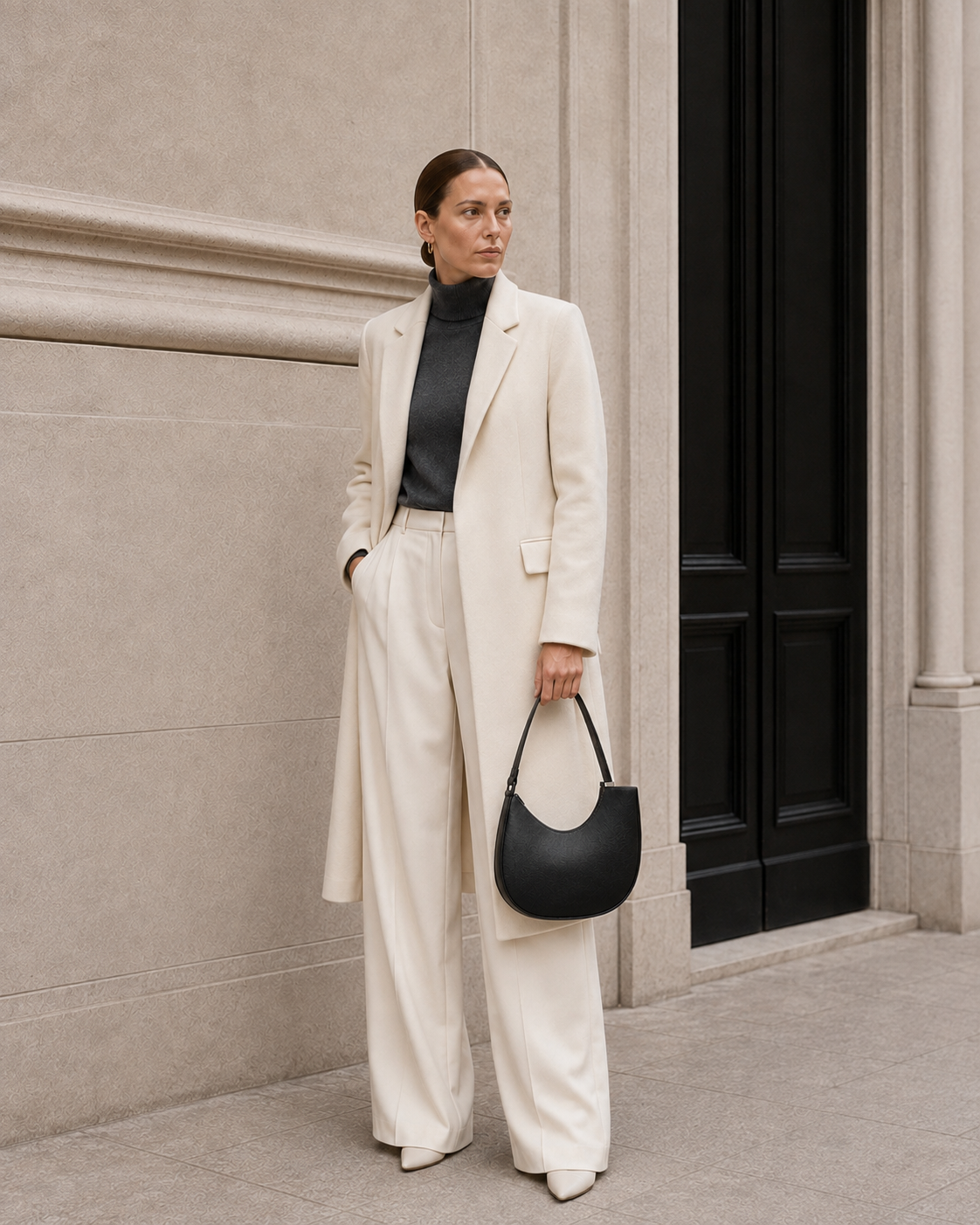 Model carries the black MUYLOTTA ML-SH08 shoulder bag.